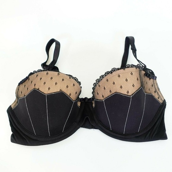 ADORE ME Black Nude Balconette Bra 34C MEDIUM Padded Push Up Lace Shell Sexy NEW - Picture 1 of 11